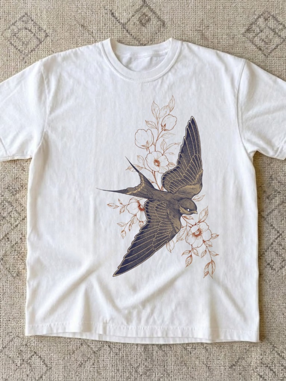 Botanical Floral Swallow Bird Retro Graphic Tee - White